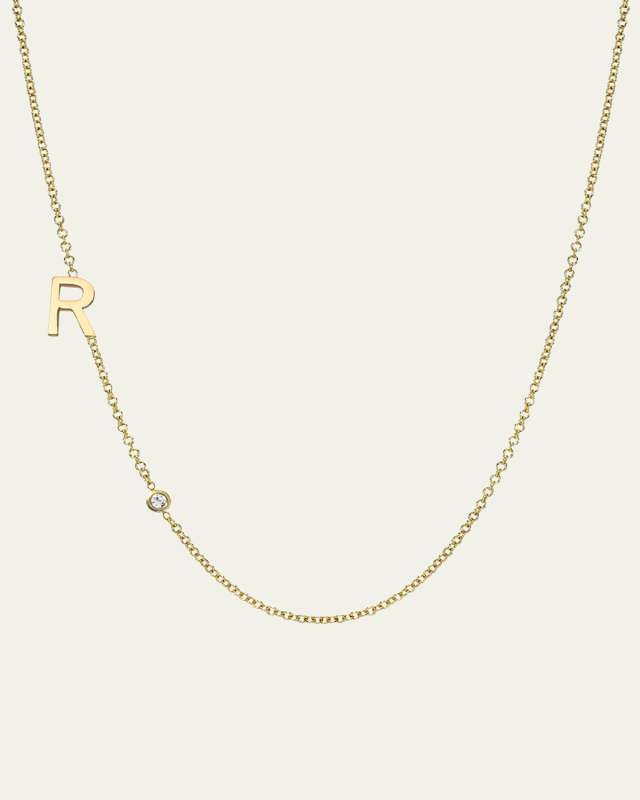 14k Gold Asymmetrical Initial and Bezel Diamond Necklace